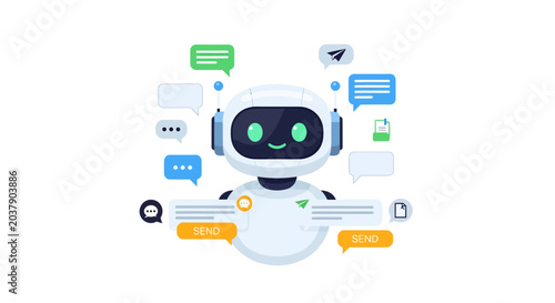 A cheerful robot with speech bubbles.