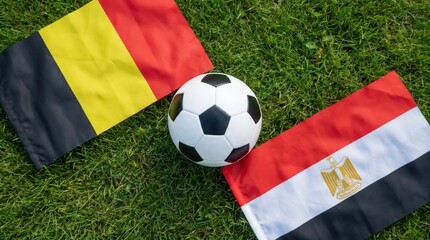 Ultra realistic top view international football concept featuring Belgium and Egypt flags placed on green grass pitch with centered soccer ball global sports competition background