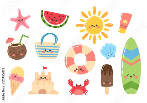 Cute kawaii summer elements. Vector illustration