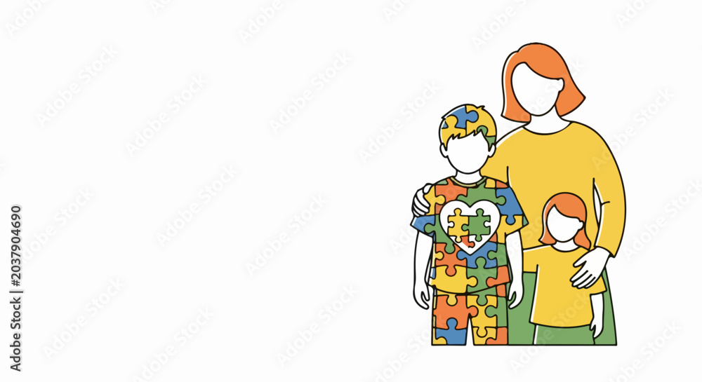 Naklejka premium Happy family illustration with mother and two children wearing face masks. Colorful cartoon family portrait for parenting blog or family-themed content.