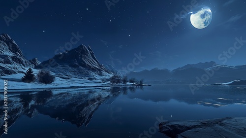 A bright full moon casts silver light upon snow-covered mountains. The calm lake reflects the enchanting night sky, creating a peaceful atmosphere in winter's embrace