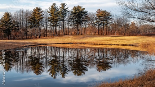A peaceful scene unfolds at twilight, showcasing tall trees standing proud by a calm pond. The softly glowing golden fields stretch beside the glassy water, reflecting nature's beauty