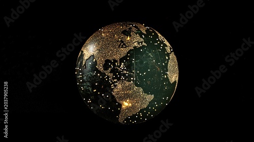 A stunning representation of Earth, this glowing globe shines with golden lights, illustrating continents and connecting them with shimmering stars in a dark, vast background