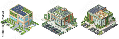 Bild auf Leinwand Three modern isometric buildings with solar panels and green roofs, showcasing s