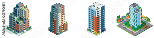 Schilderij op canvas Collection of modern isometric urban buildings and skyscrapers from a city skyli