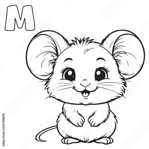 Letter M for mouse coloring page vector illustration for kids 