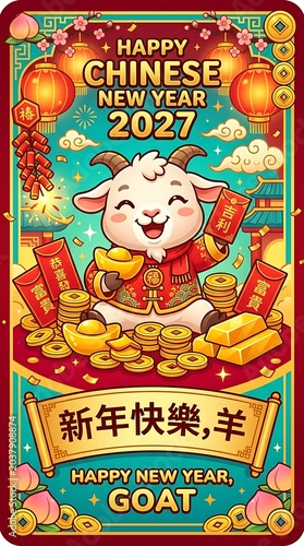Happy New Year Goat 2027 Chinese Zodiac Illustration