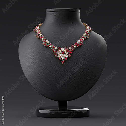 A luxurious necklace of diamonds and rubies on a leather stand in the shape of a bust. Jewelry showcase. Frontal view. 3d rendering.