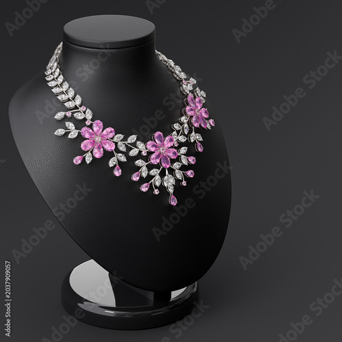 An elegant necklace of diamonds and rubellites in the shape of cherry blossoms on a leather bust stand. Close-up. Side view. Jewelry showcase. 3d rendering.