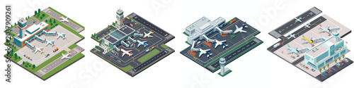 Cuadro en lienzo Isometric vector illustration set depicting modern airport terminals, runways, a