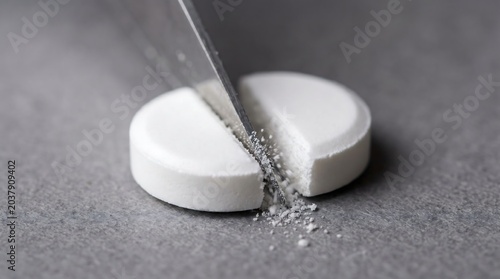 Close-up tracking shot of a solid white circular medical pill being cleanly split down its middle line.