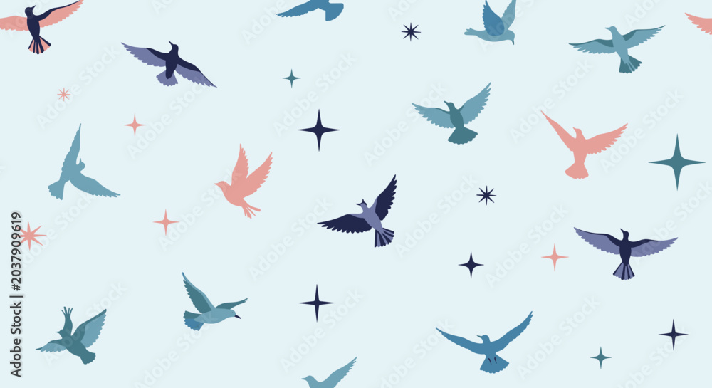 Fototapeta premium Beautiful seamless pattern featuring colorful silhouettes of birds flying among various star shapes in a light blue sky.