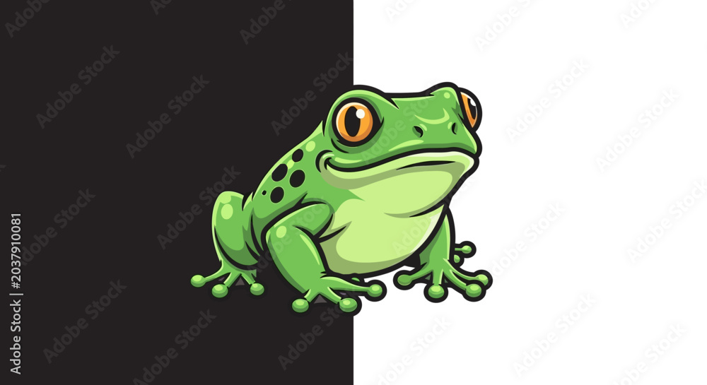 Fototapeta premium A cartoon green frog sitting on black and white background.