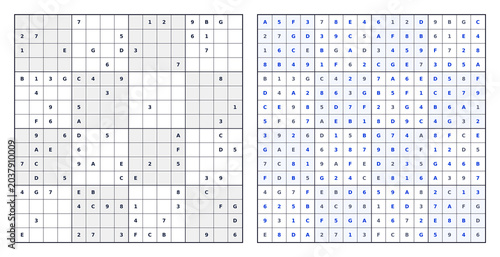 Expert 16x16 Sudoku blue answer key with digits and letters. White background black grid