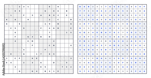 16x16 Sudoku with digits 1-9 and letters A-G. White background black grid blue solution