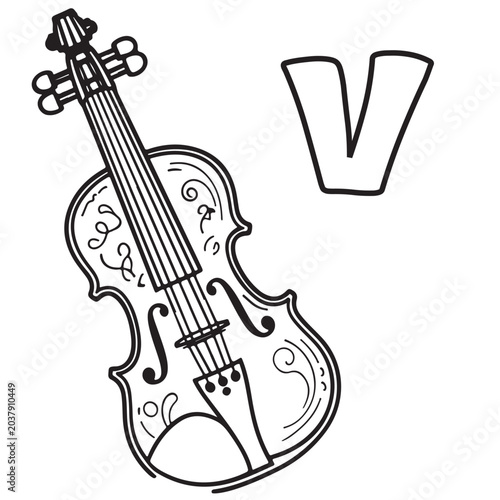 Letter V for violin coloring page vector illustration for kids