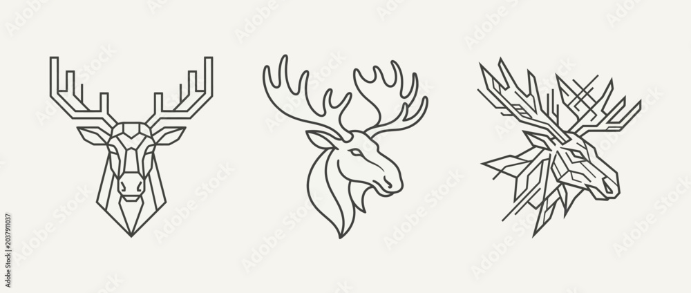 Fototapeta premium Geometric deer and moose heads line art minimalist wildlife illustrations