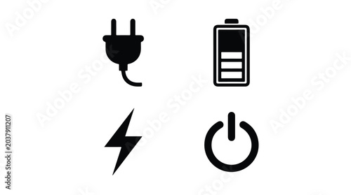 Electric power and battery charging icons with plug, battery, lightning bolt, and power button symbols