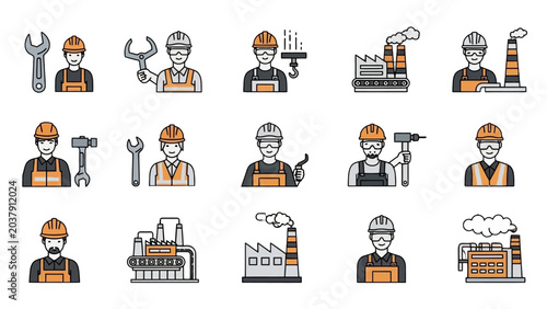 Photos Construction workers and industrial tools icons.