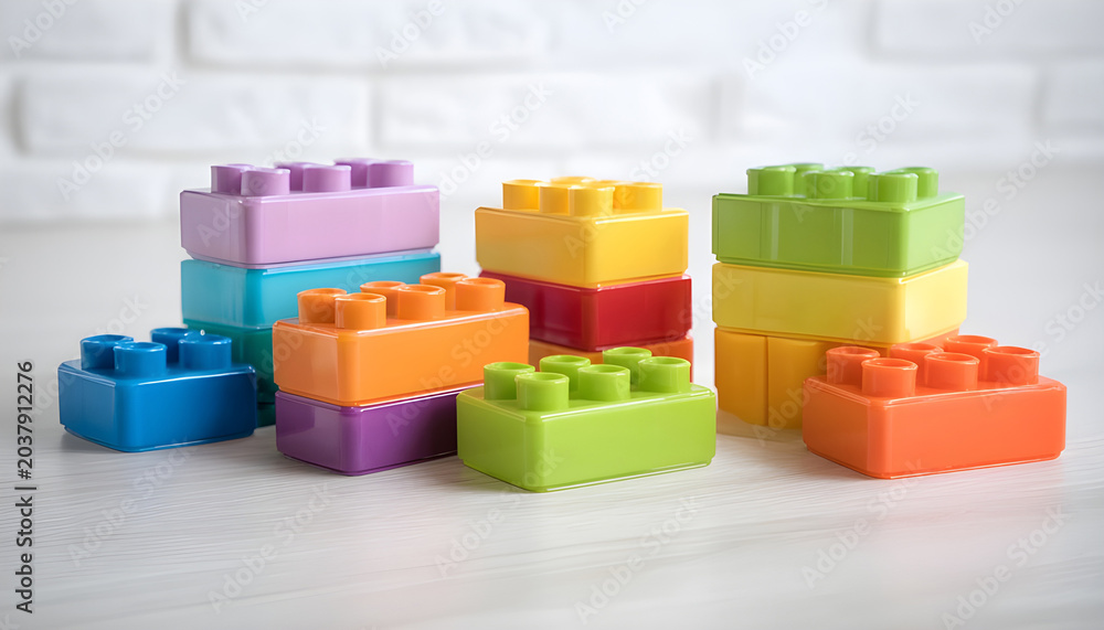 Obraz premium Colorful Plastic Building Blocks Stacked on a White Floor