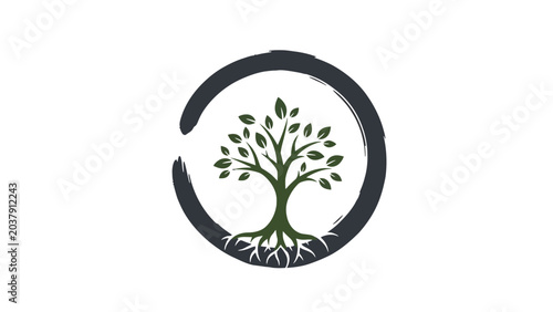 Fotografia A stylized green tree with visible roots is enclosed within a dark, incomplete circle, symbolizing nature and growth