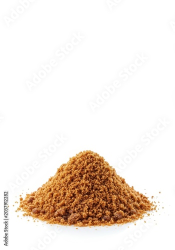 Rich dark brown muscovado sugar heap, featuring its moist, fine, clumpy texture, standing alone on a clean, bright white background, crystal, ingredient, sweet