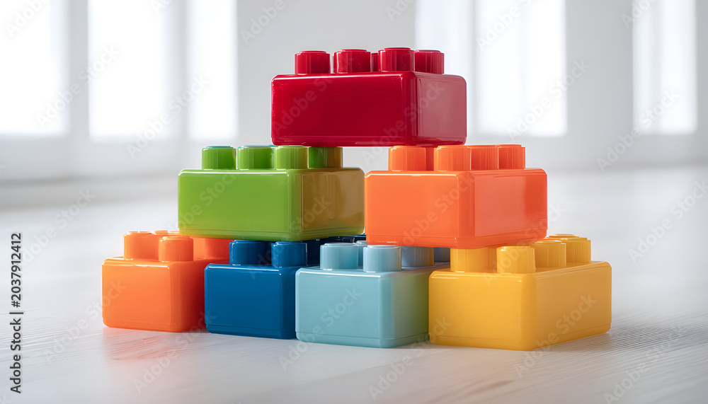 Obraz premium Colorful Plastic Building Blocks Stacked on a White Floor