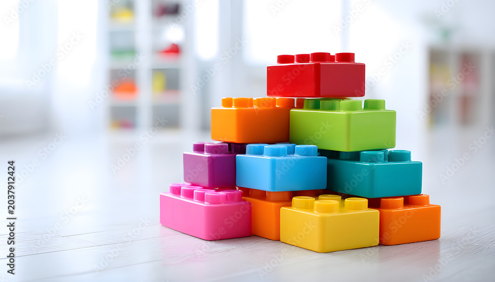 Obraz premium Colorful Plastic Building Blocks Stacked on a White Floor