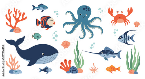 Vibrant collection of sea life includes a whale, octopus, crab, various tropical fish, coral reefs, and green seaweed.