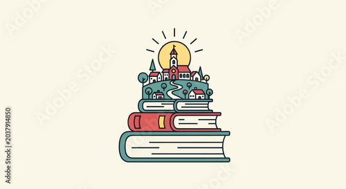 Tableau sur toile Illustrated village atop stack of books
