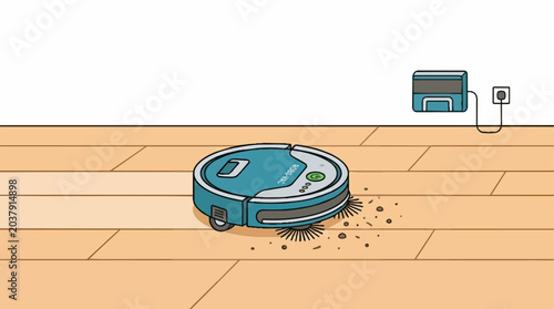 Robotic Vacuum Cleaner Automatically Cleaning Wooden Floor with Dust Particles.