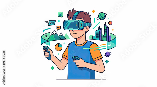 Boy Immersed in Virtual Reality Exploring Digital Worlds with Controllers.
