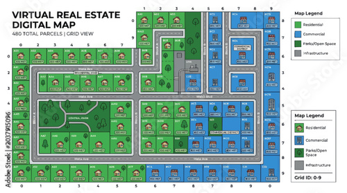 Virtual Real Estate Digital Map with Property Lots and Amenities.