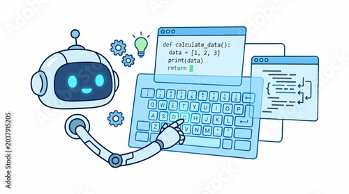 Cute Robot Coding on Keyboard with Gears and Lightbulb.