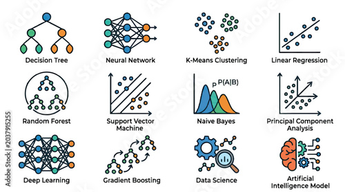 Collection of Machine Learning and Data Science Icons with Algorithms and Concepts.