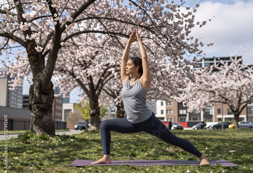 Woman Enjoying Outdoor Yoga Class in Urban Park with Cherry Blossoms