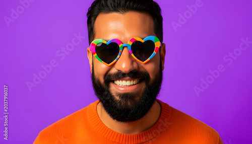 Smiling bearded man wearing colorful heart-shaped rainbow sunglasses and an orange sweater against a vibrant purple background. Bright, cheerful studio portrait representing self-expression, diversity