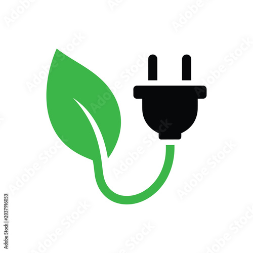 Cuadro en lienzo Green energy icon showing electric plug connected to leaf represent eco friendly power source and sustainable environmental technology solutions for clean future in minimalist vector design