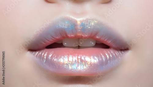 Extreme macro close-up of glossy iridescent chrome lips with holographic metallic lipstick. Futuristic beauty concept featuring reflective silver makeup, high-fashion aesthetics, avant-garde cosmetic