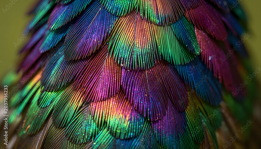 Fototapeta premium Extreme macro close-up of iridescent hummingbird feathers displaying brilliant metallic colors and intricate natural texture. Abstract wildlife background featuring shimmering green, purple, blue, and