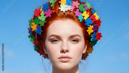 Creative conceptual portrait of a young woman with colorful jigsaw puzzle pieces integrated into her hair against a blue background. Symbolic digital artwork representing creativity, problem solving, 