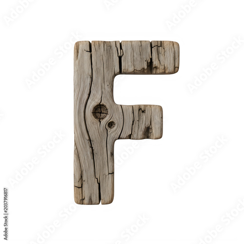Decorative letter f made of weathered rustic timber wood texture.