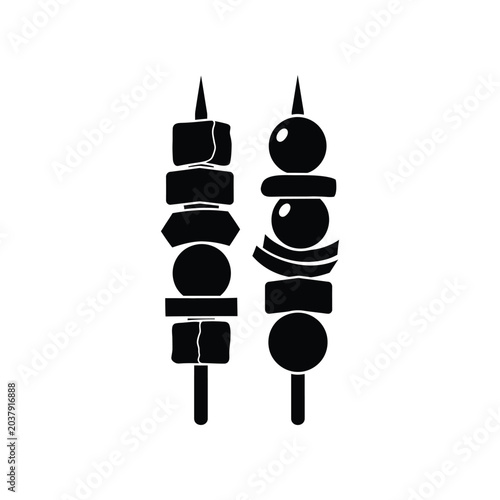 Tableau sur toile Two barbecue skewers with grilled meat and vegetables silhouette icon set on white background for food menu restaurant cooking design element showing healthy shish kebab meal preparation idea