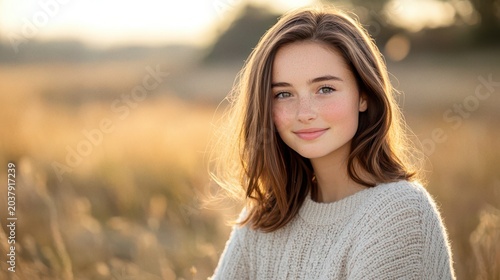 Young Woman Smiling in Golden Hour Field, Outdoor Portrait