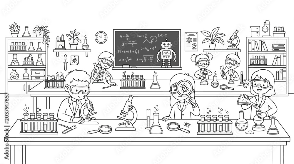 Obraz premium Group of students conducting science experiments in a laboratory classroom.