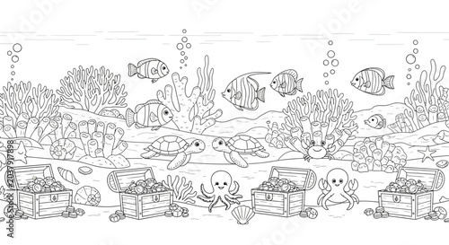 Quadro em tela Underwater scene featuring sea creatures and treasure chests.