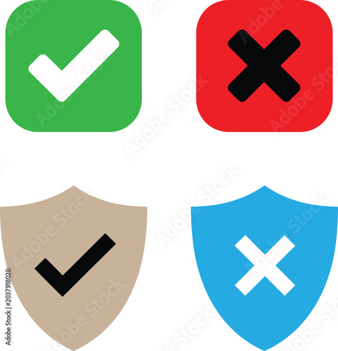 Check and cross vector icons with shield for security verification illustration.