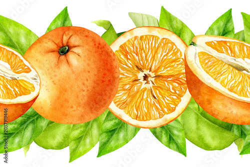 Seamless watercolor border featuring oranges and leaves