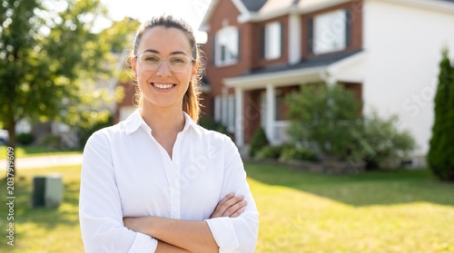 Professional young woman with a white shirt and glasses stands smiling confidently while posing with her arms crossed in front of a suburban residential family home