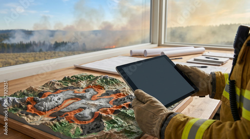 Firefighter analyzing wildfire perimeter growth on tablet indoors  